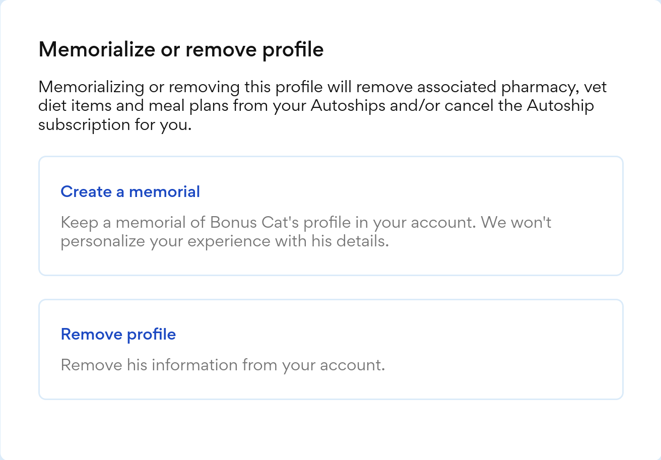 Web page asking if I want to memorialize a pet or remove his profile